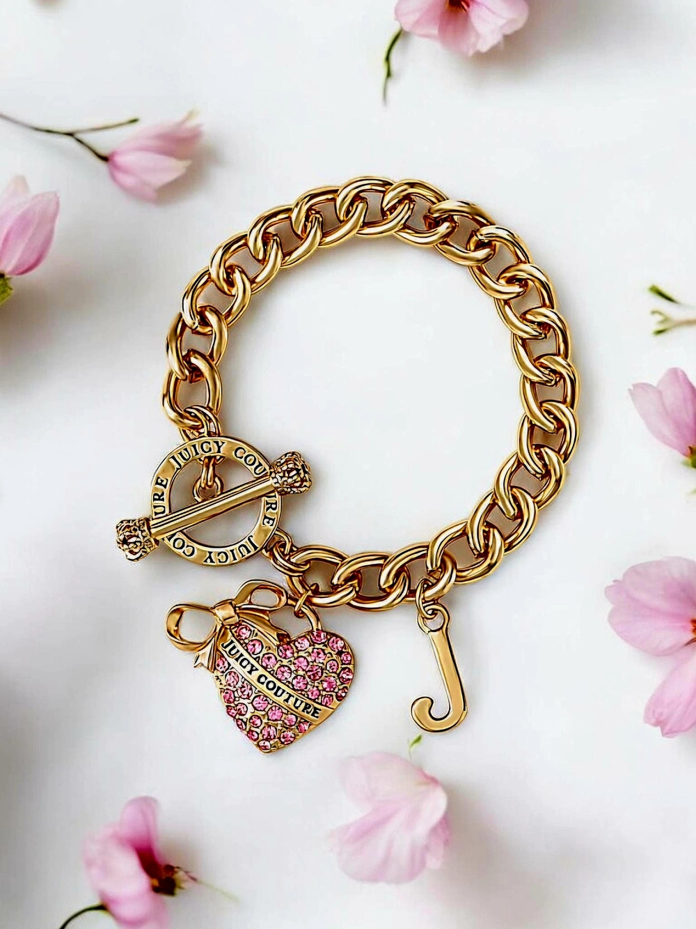 NEW Juicy Couture Gold Tone Toggle Womens Pink Crystal Bow Heart Charm Bracelet